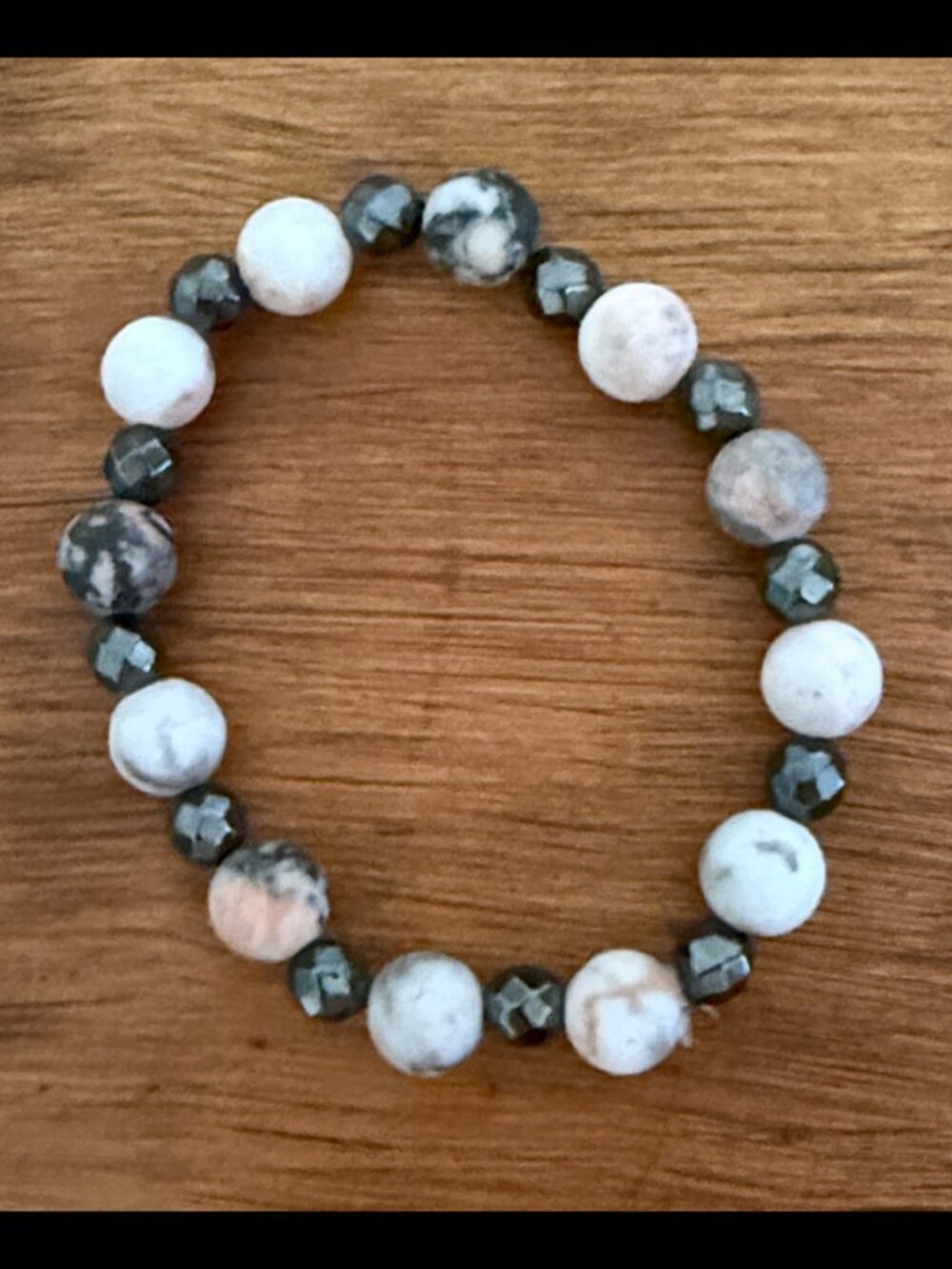 Pink Zebra Jasper Hematite natural stone bracelet pink black handmade jewelry